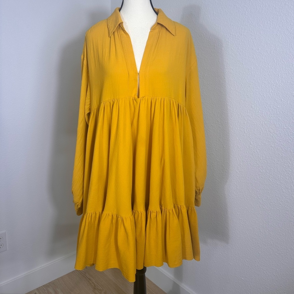 h&m yellow cotton dress | Dresses | Hm Mustard Tiered Long Sleeve 0 Repton Blue Two Tone Main Colour:Linen-Grey 1920s cocktail dress Midi dresses flutter sleeves and a